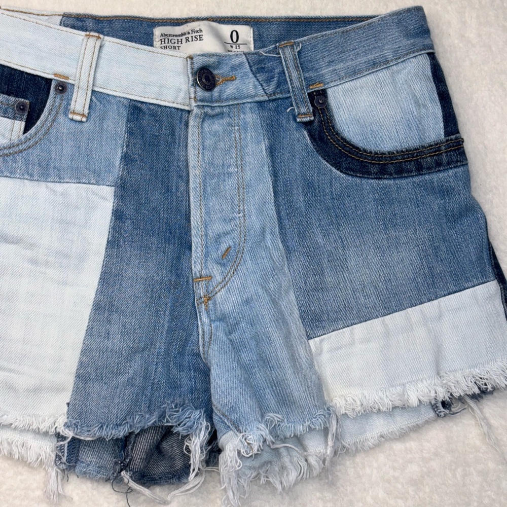 Abercrombie & Fitch Multi-Blue patchwork high rise Jean boho chic Shorts Size 0 - Picture 4 of 12